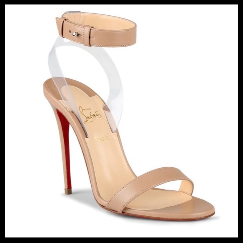 Christian Louboutin Nude Beige Patent Leather Ankle Strap Heels with Red Sole